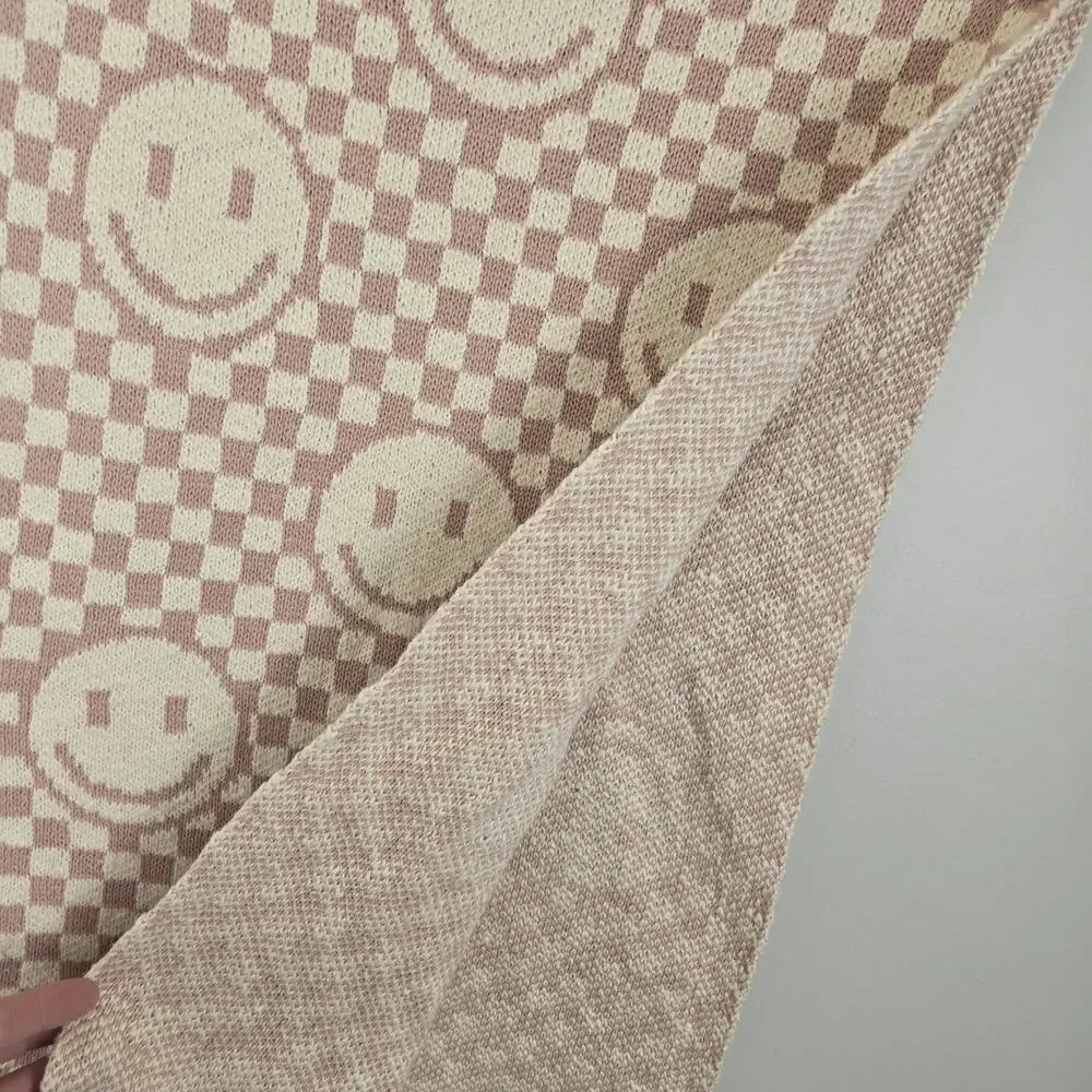 New Tahari 100% Knit Cotton Smiley Face Table Runner Pink Cream Checked 16x72